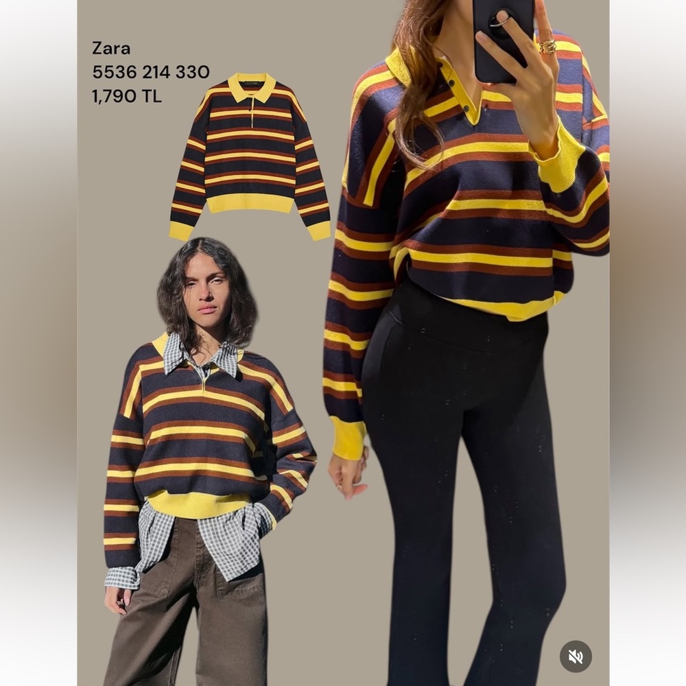 🩶 ZARA Striped Yellow Navy Brown Knit Polo Sweater